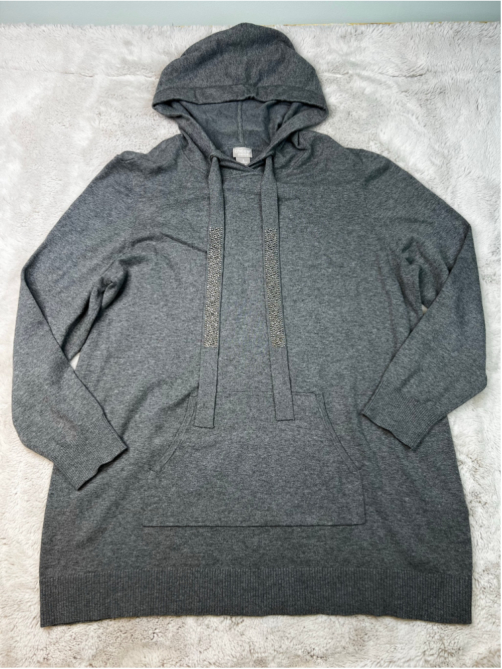 Chicos Hoodie Sweater Rhinestone Plus Size 3X Soft Cashmere Blend Grey Gray